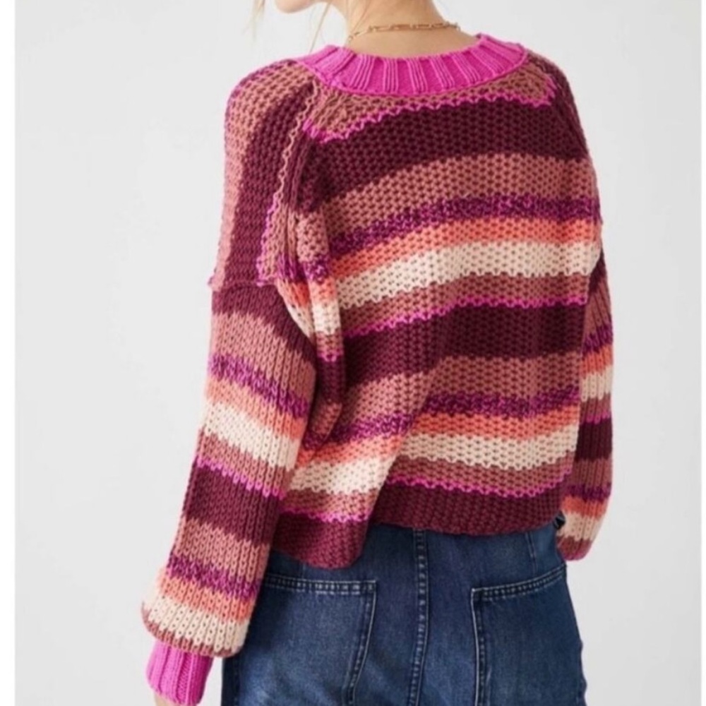 FreePeople Devon Cropped Sweater Striped Pink Fuchsia Rose Combo Size S